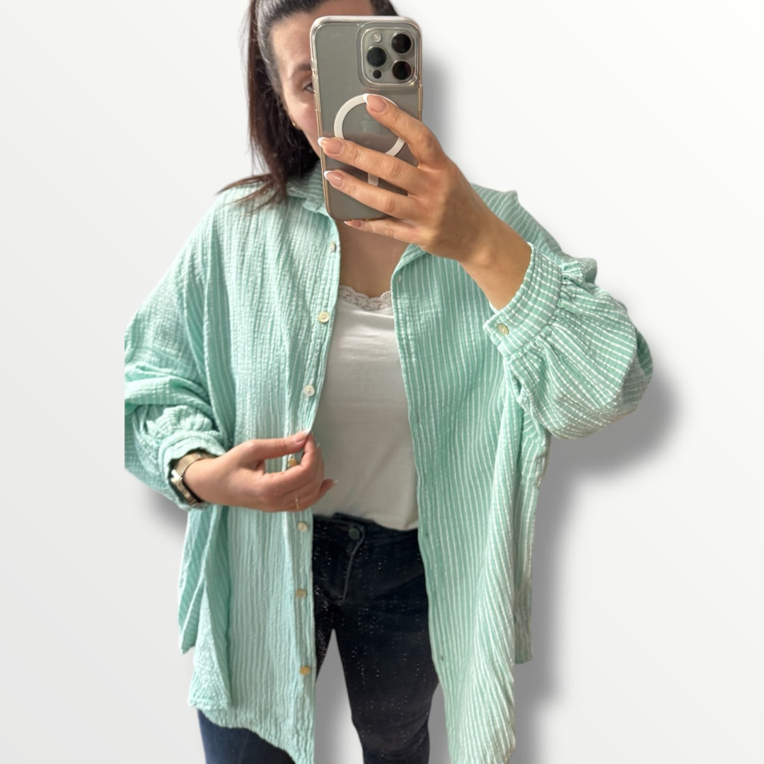 Musselin Bluse Mint mit weißen Streifen