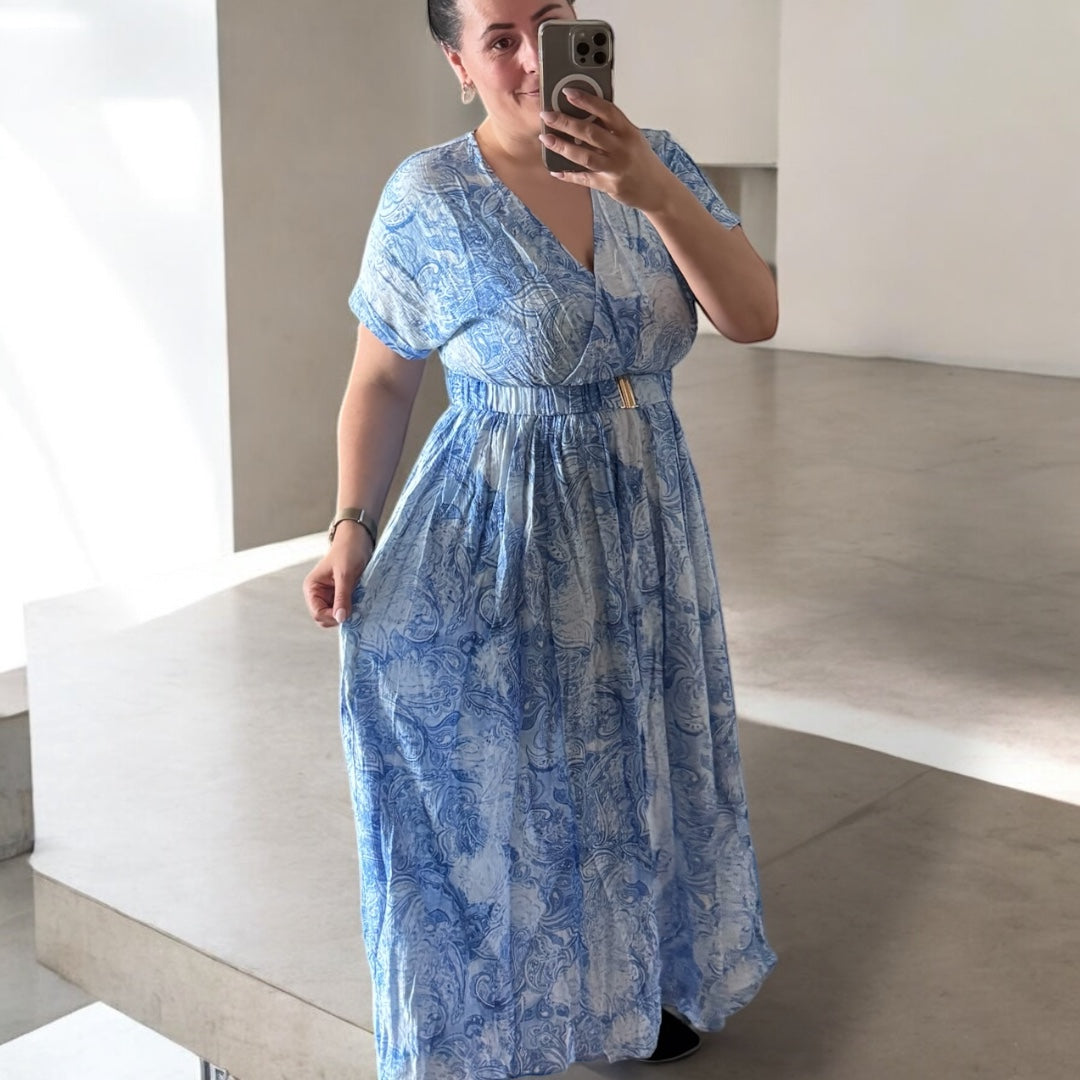 Edles Kleid lang mit Gummizug in der Taille und Gürtel (schnalle gold)
