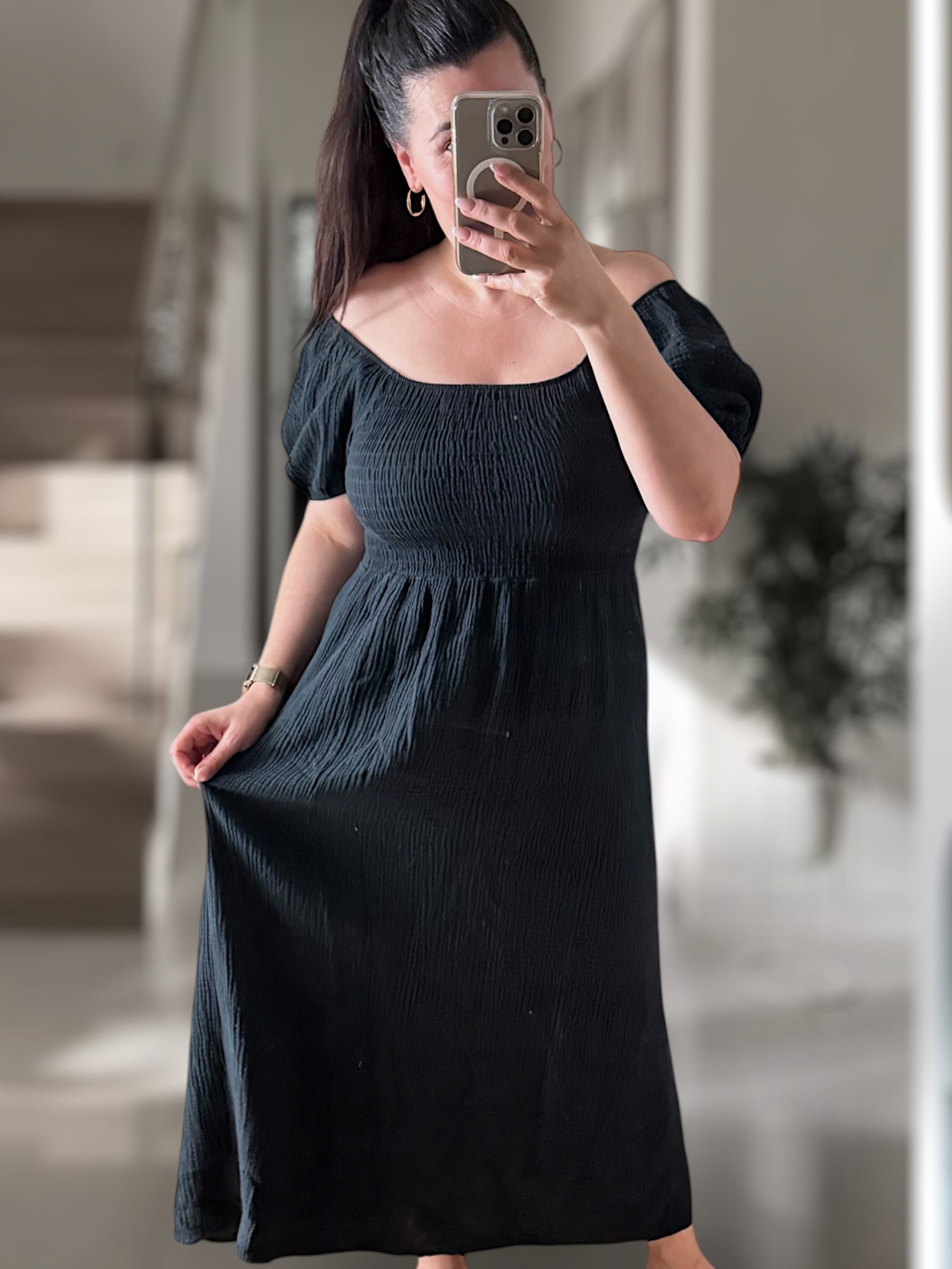 Musselin Off-Shoulder Kleid braun