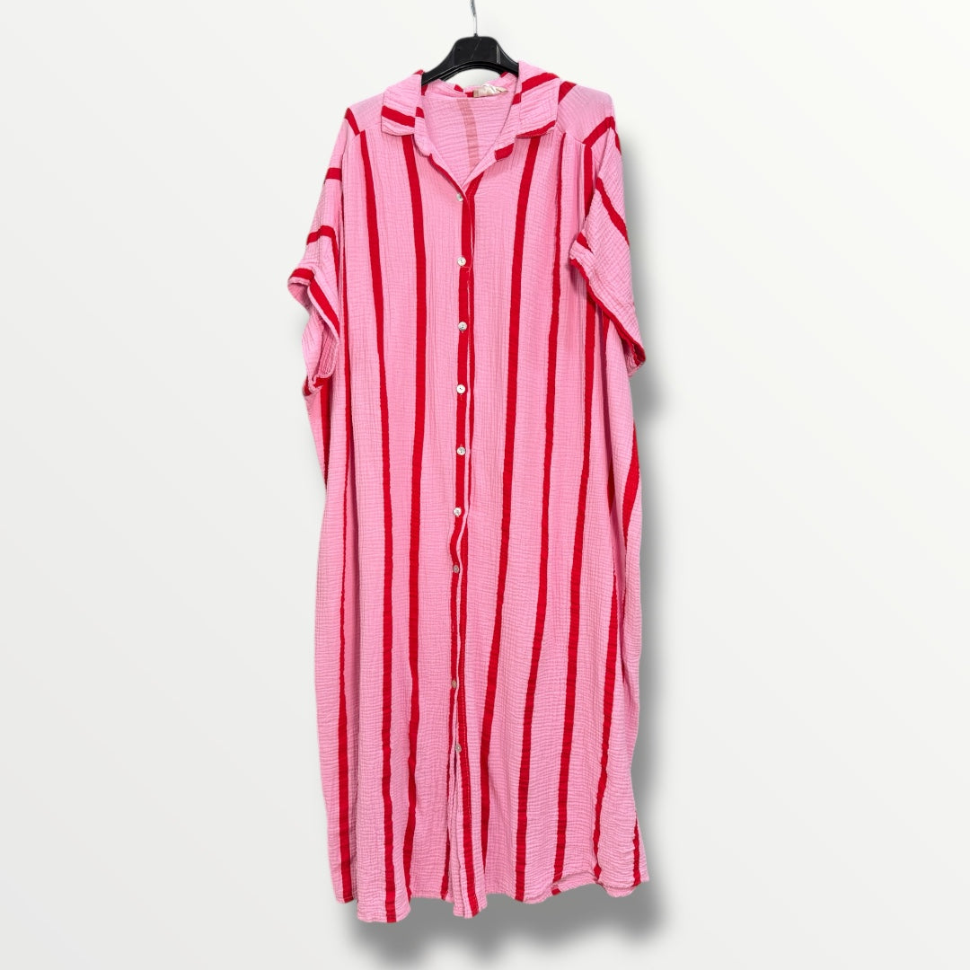 Langes Oversize Musselin Blusenkleid pink/rot gestreift