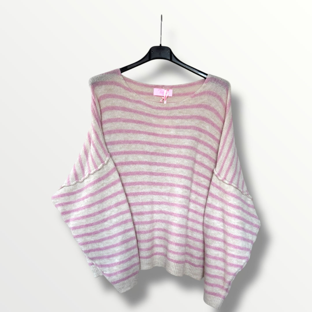 Gestreifter Strickpullover mit Ziernähten in verschiedenen Farben