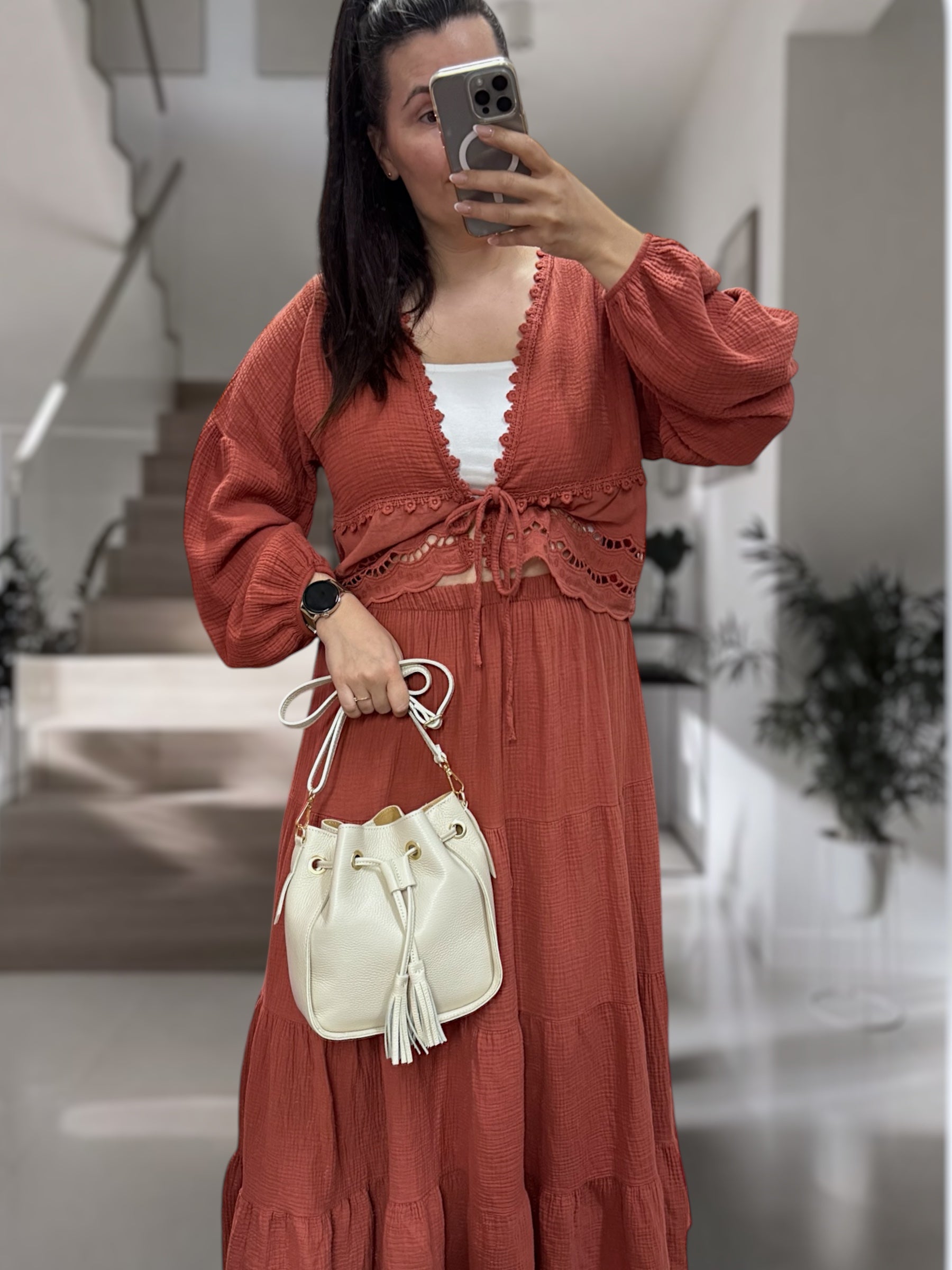 Boho-Bluse Musselin mit Spitze in Rost