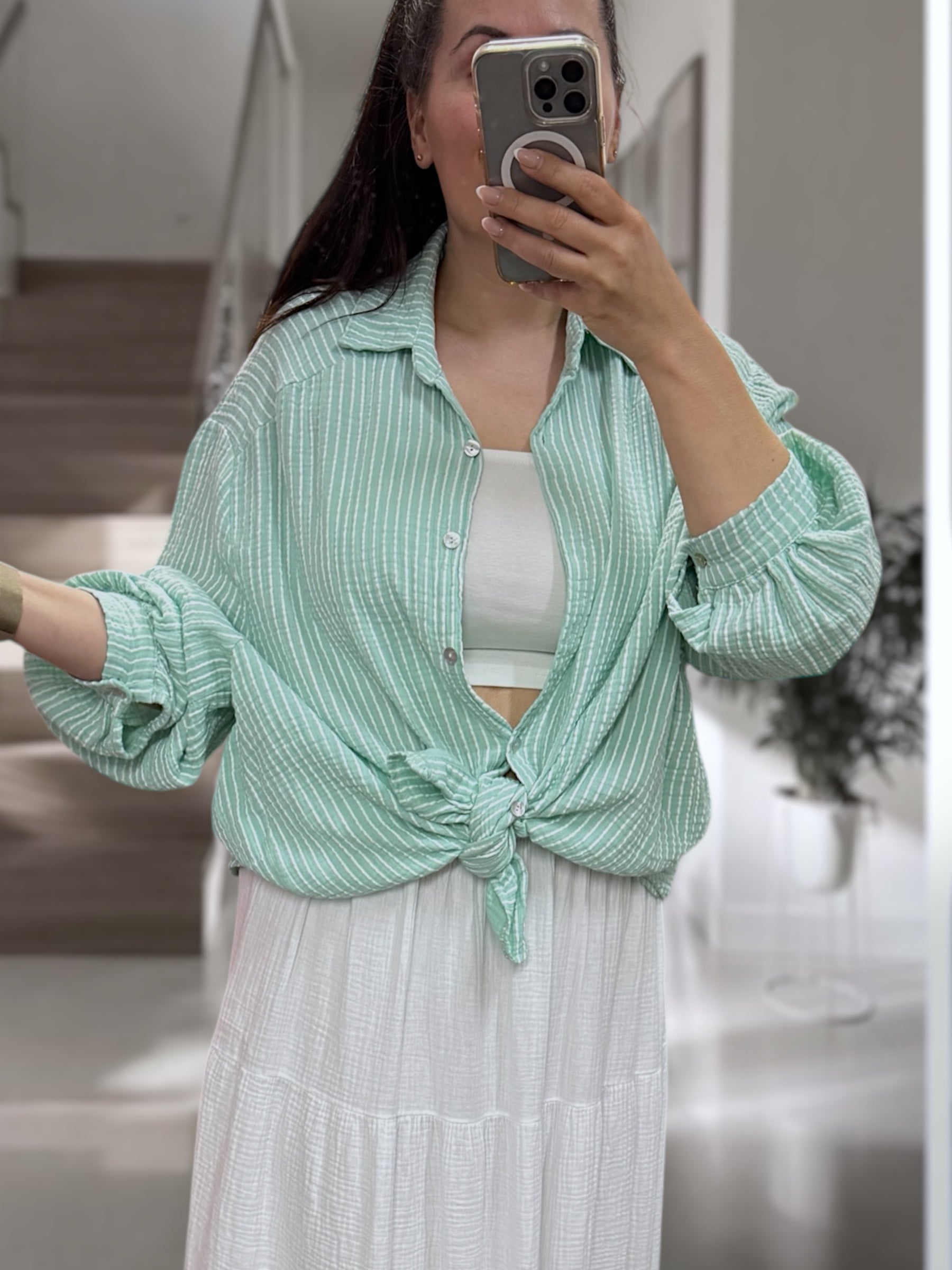 Musselin Bluse Mint mit weißen Streifen