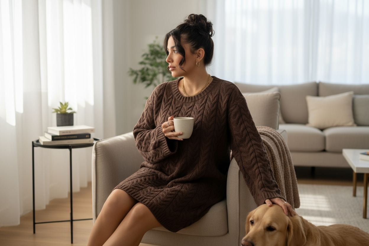 Zopfstrick Pullover Lang in braun