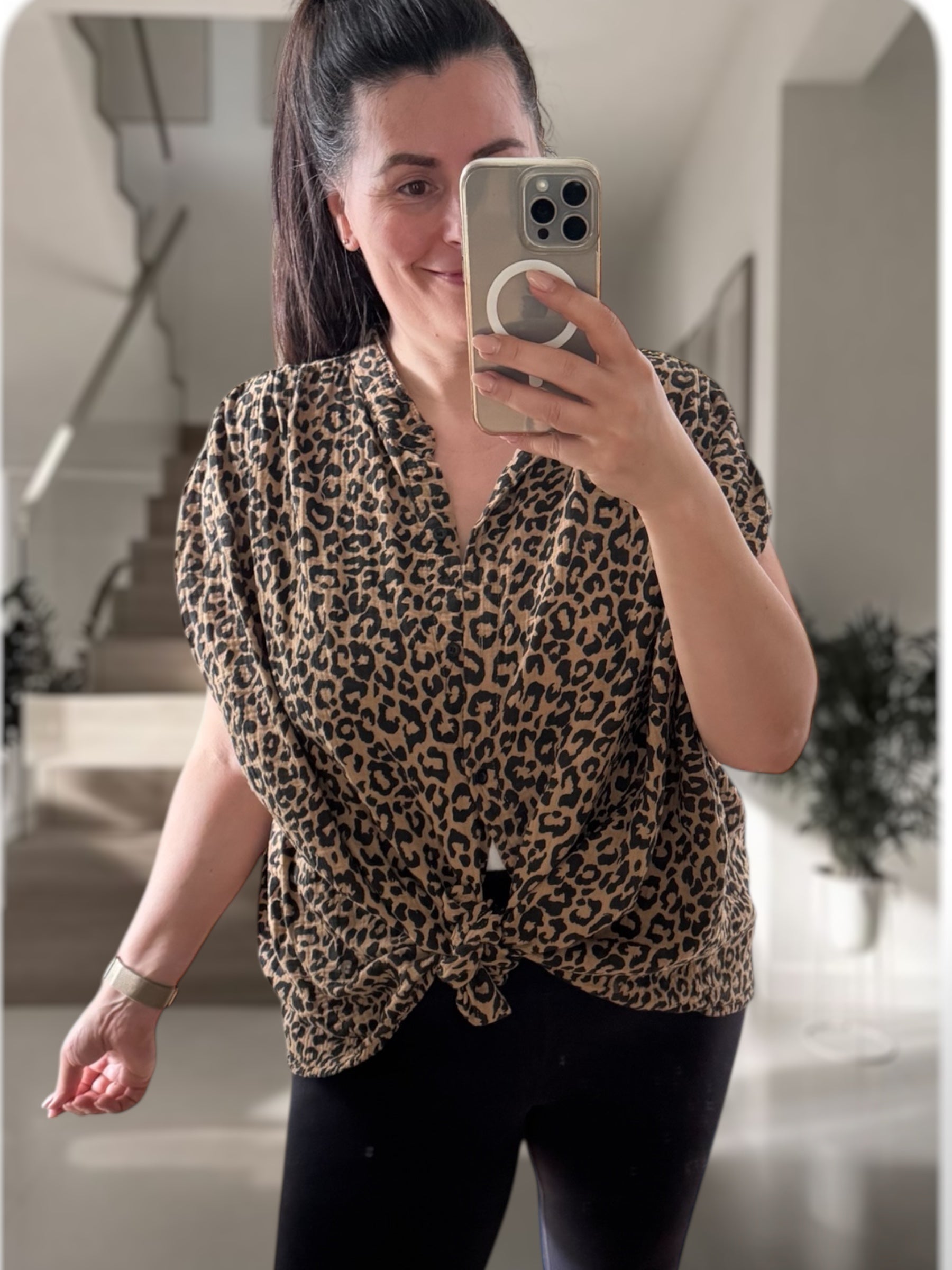 Musselin Leo Kurzarm Bluse Camel