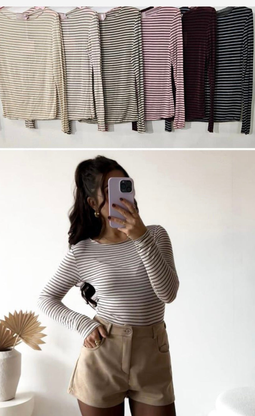 Streifen Cashmere Mix Longsleeve ohne Kragen (verschiedene Farben)