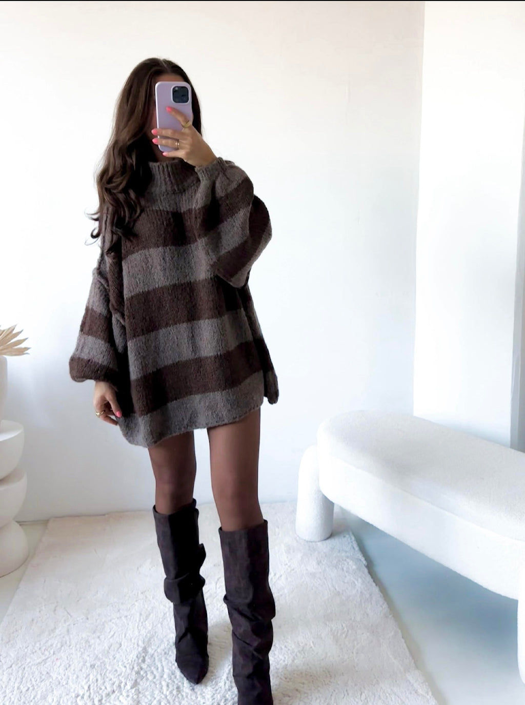 Langpullover Isa Taupe/Braun gestreift