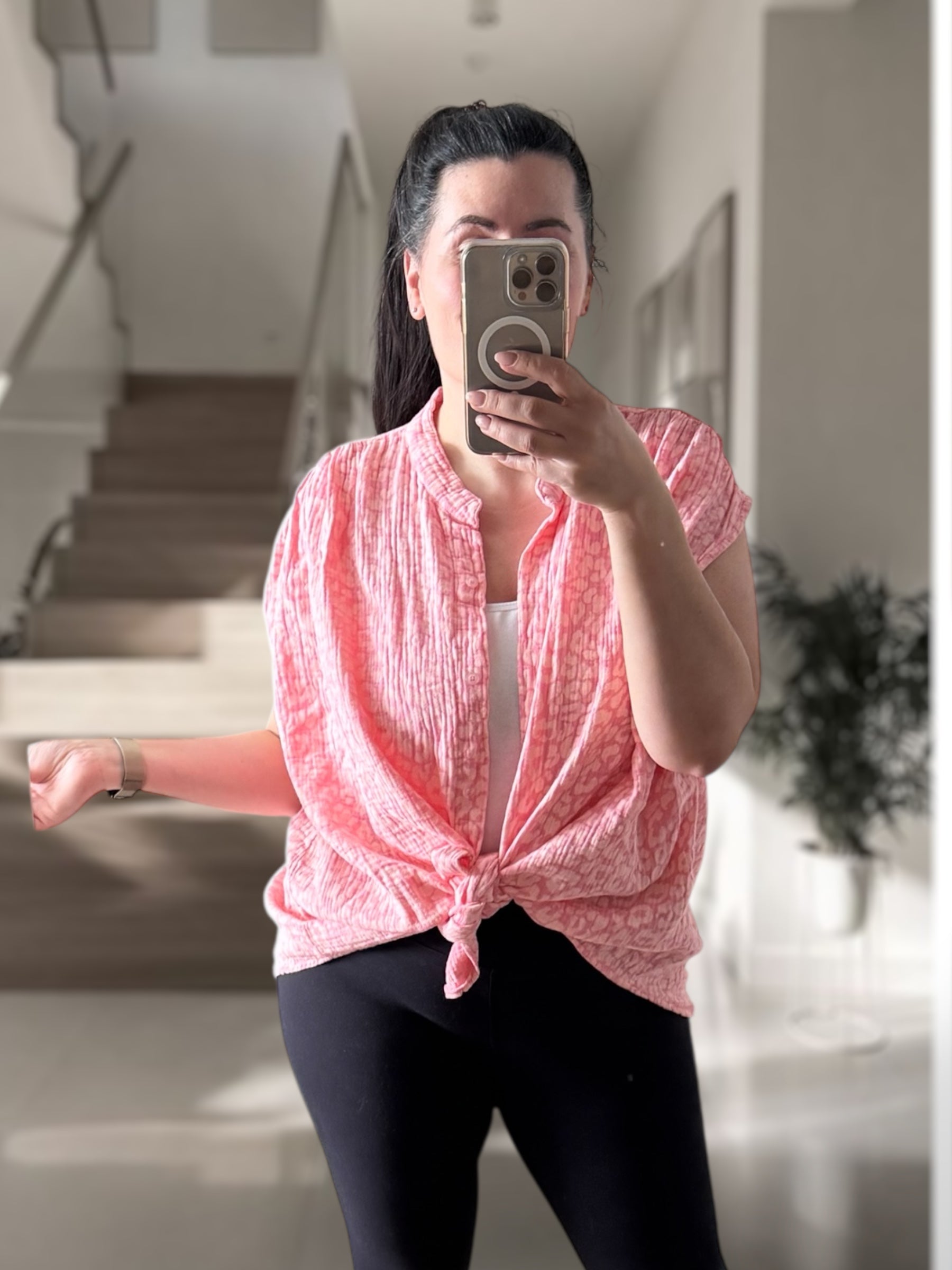 Musselin Leo Kurzarm Bluse rosa