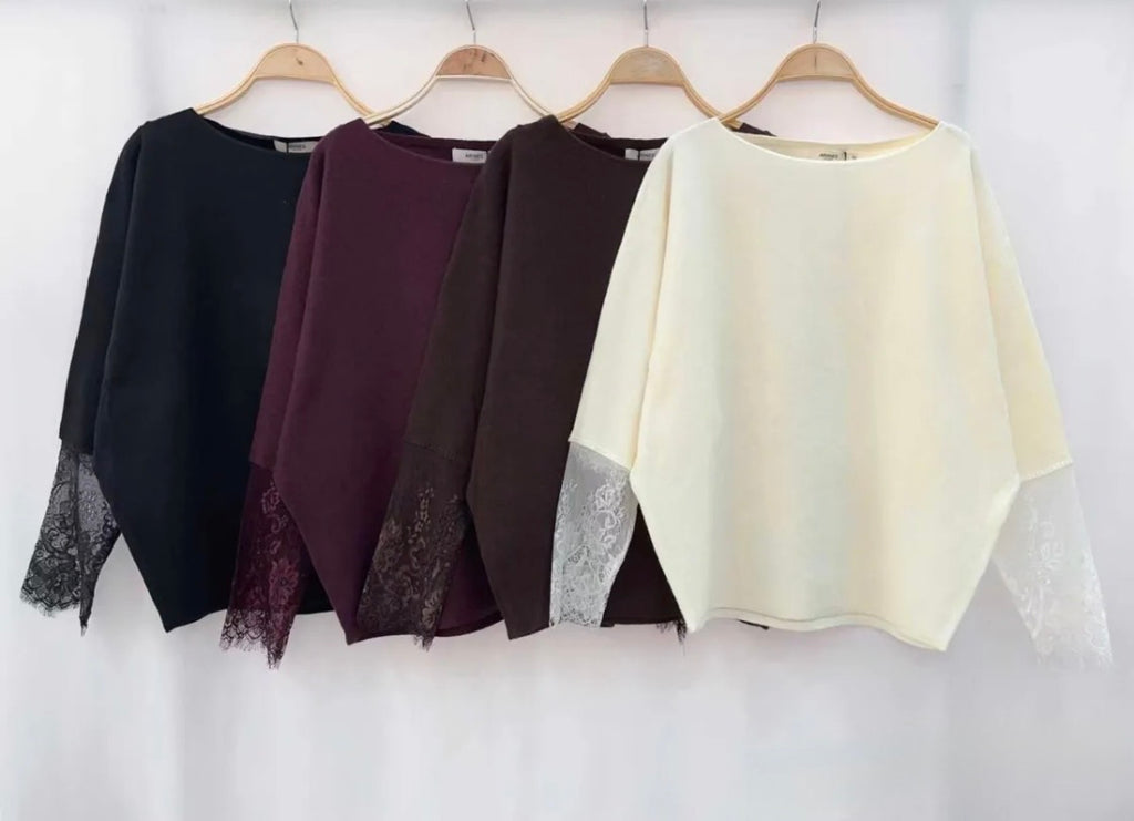 Lässiger Feinstrick Pullover mit Spitze (verschiedene Farben)