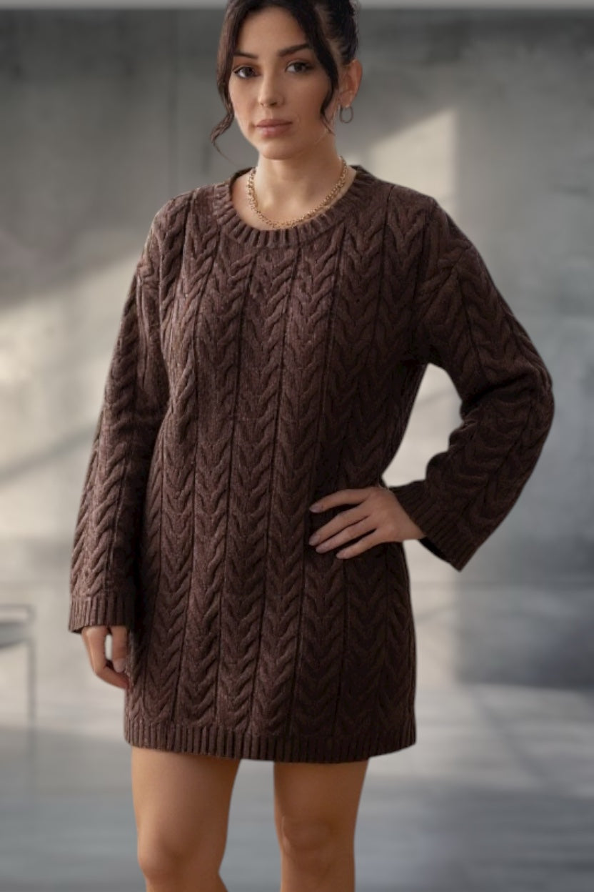 Zopfstrick Pullover Lang in braun