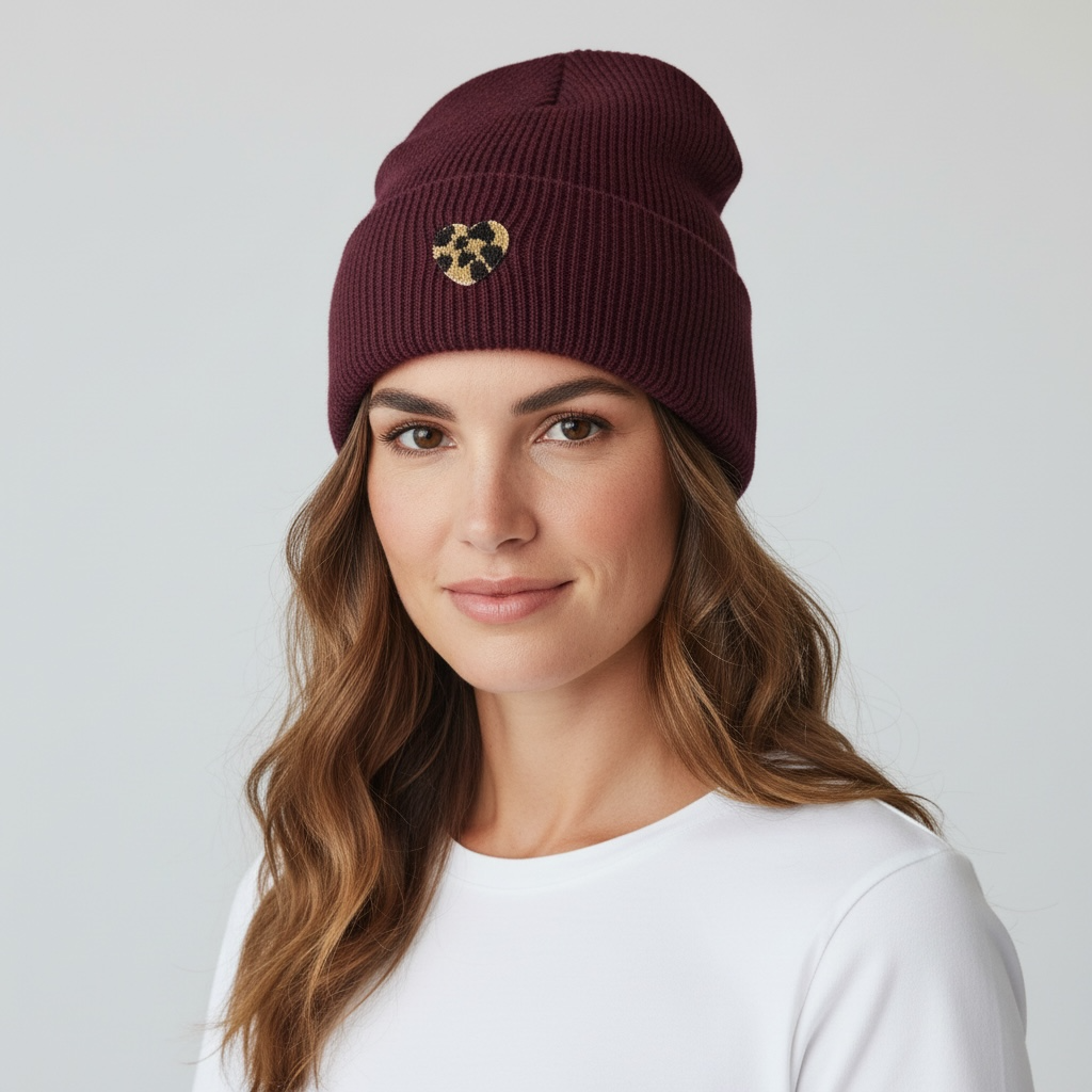 Stylische Ripp-Mütze mit 3D Leo Herz (verschiedene Farben)