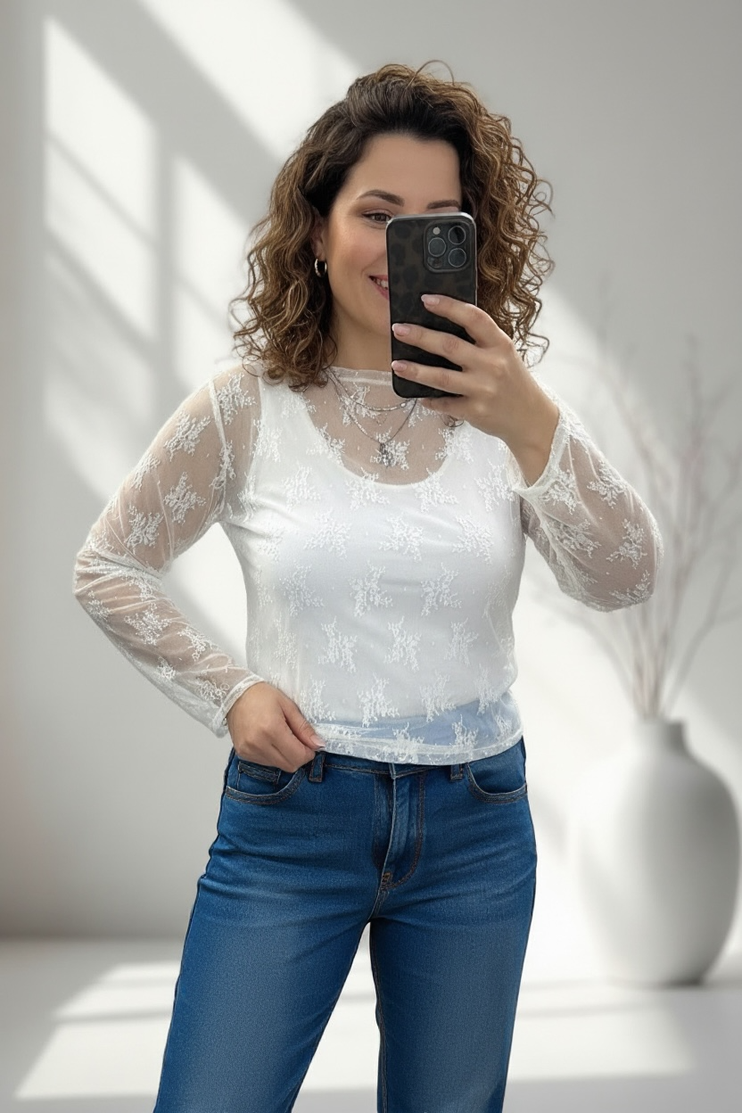 Seamless Spitzen Longsleeve weiß