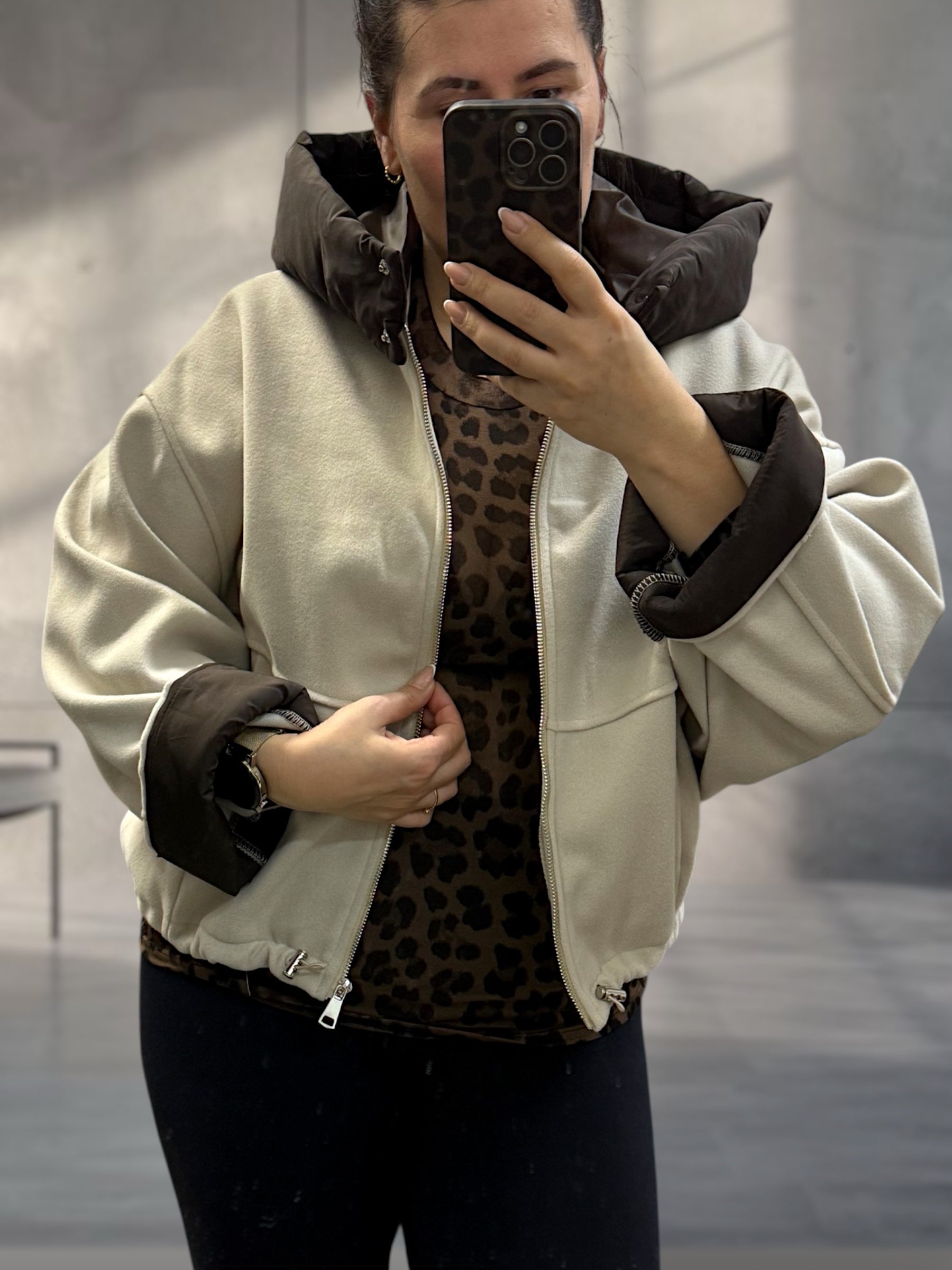 Bomberjacke leicht Oversize mit Kapuze Creme/braun