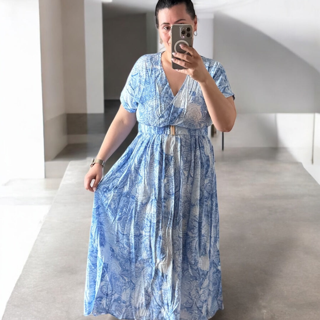 Edles Kleid lang mit Gummizug in der Taille und Gürtel (schnalle gold)