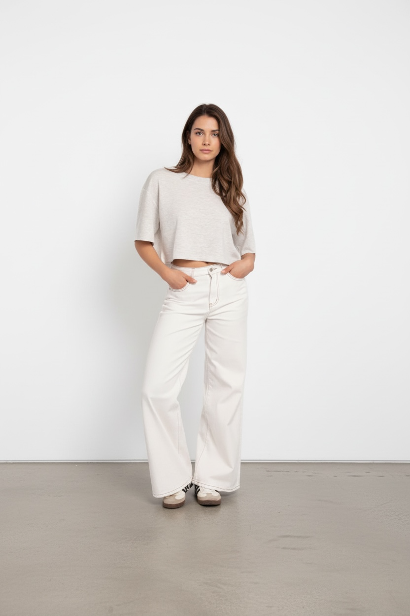 Wideleg Jeans Ivory Edge mit braunen Nähten