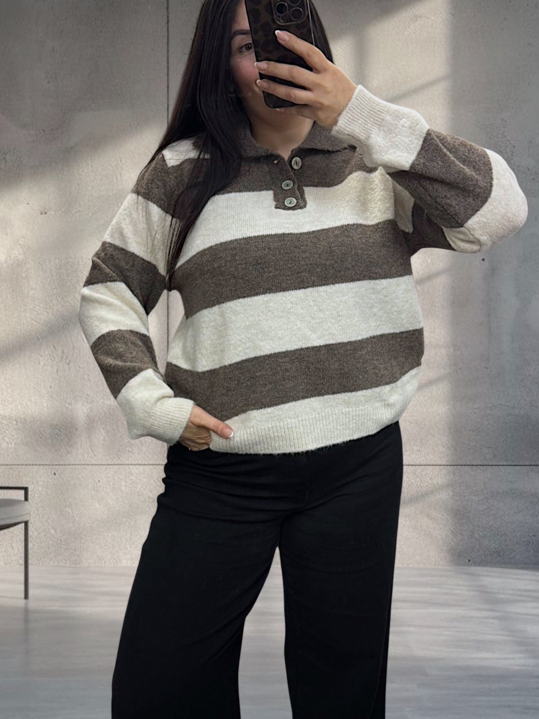 Strick Polo Longsleeve gestreift (verschiedene Farben)