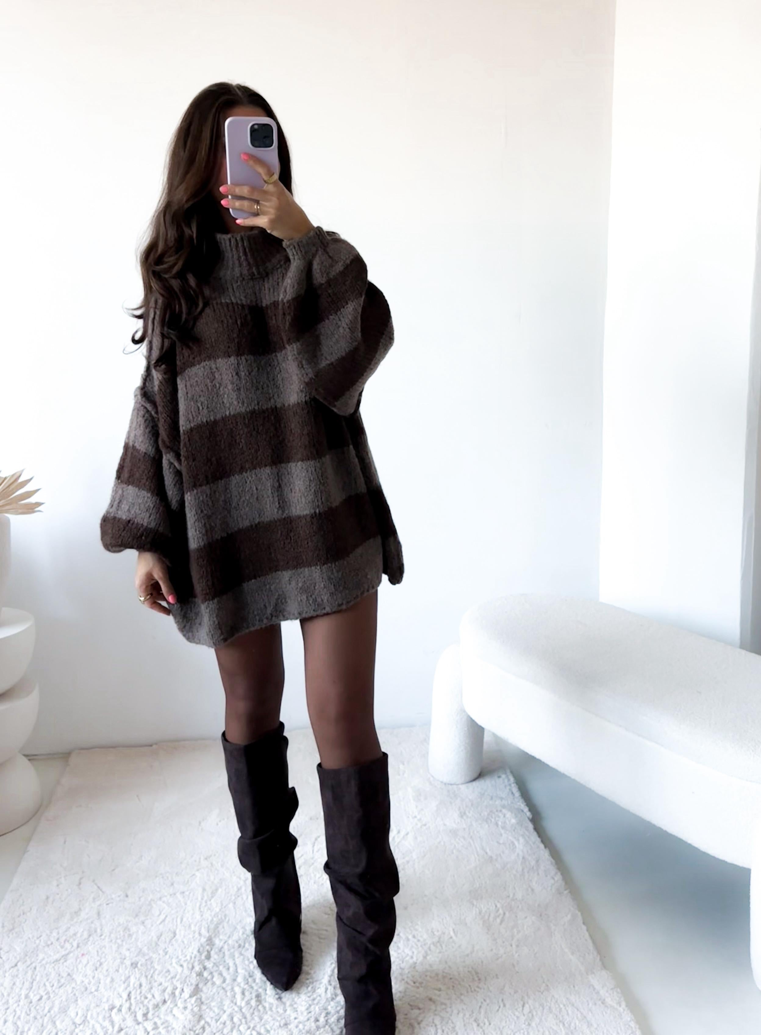 Langpullover Isa Taupe/Braun gestreift