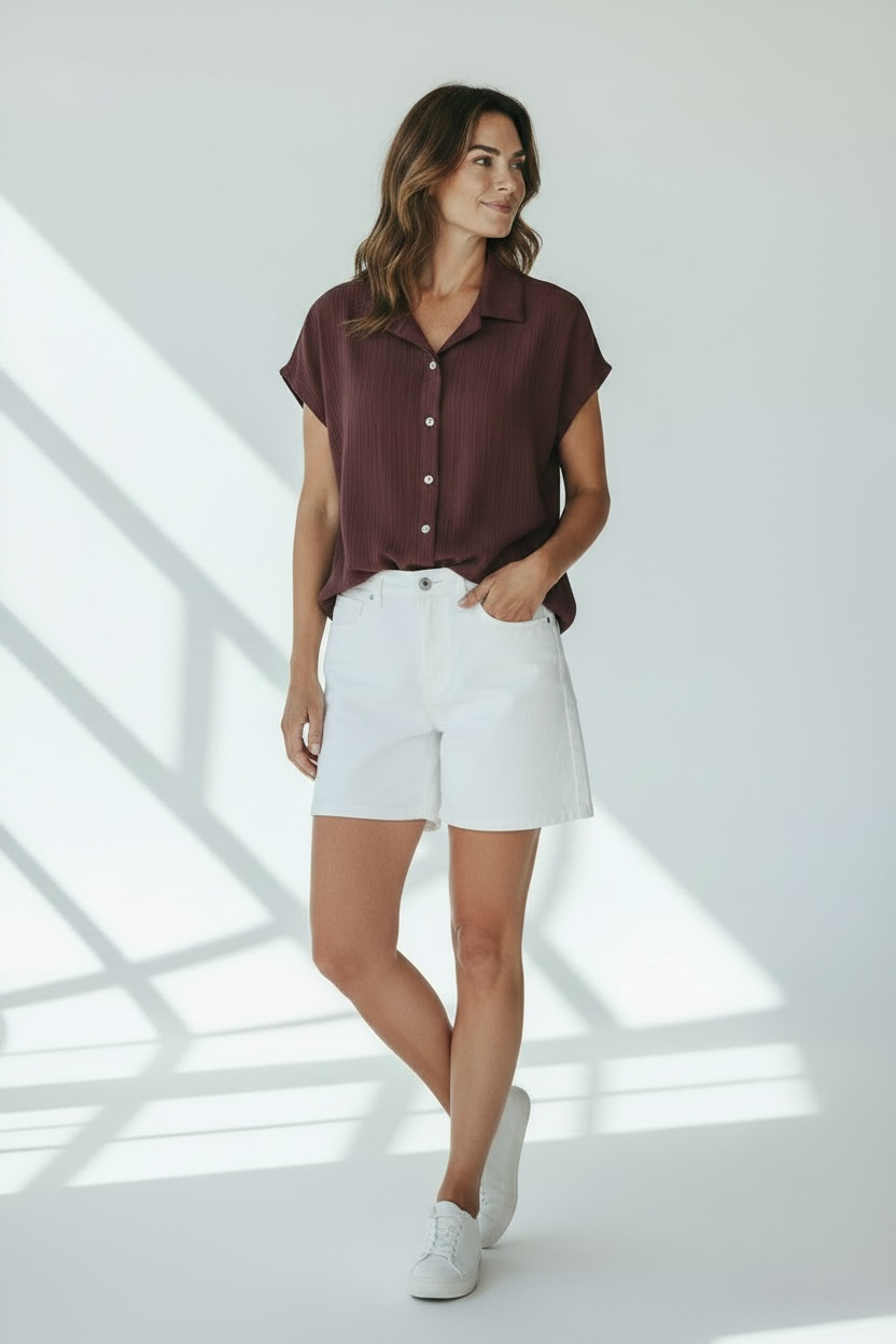 Krepp-Kurzarm-Bluse braun