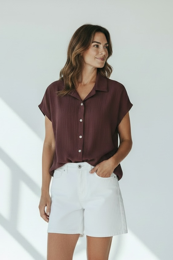 Krepp-Kurzarm-Bluse braun