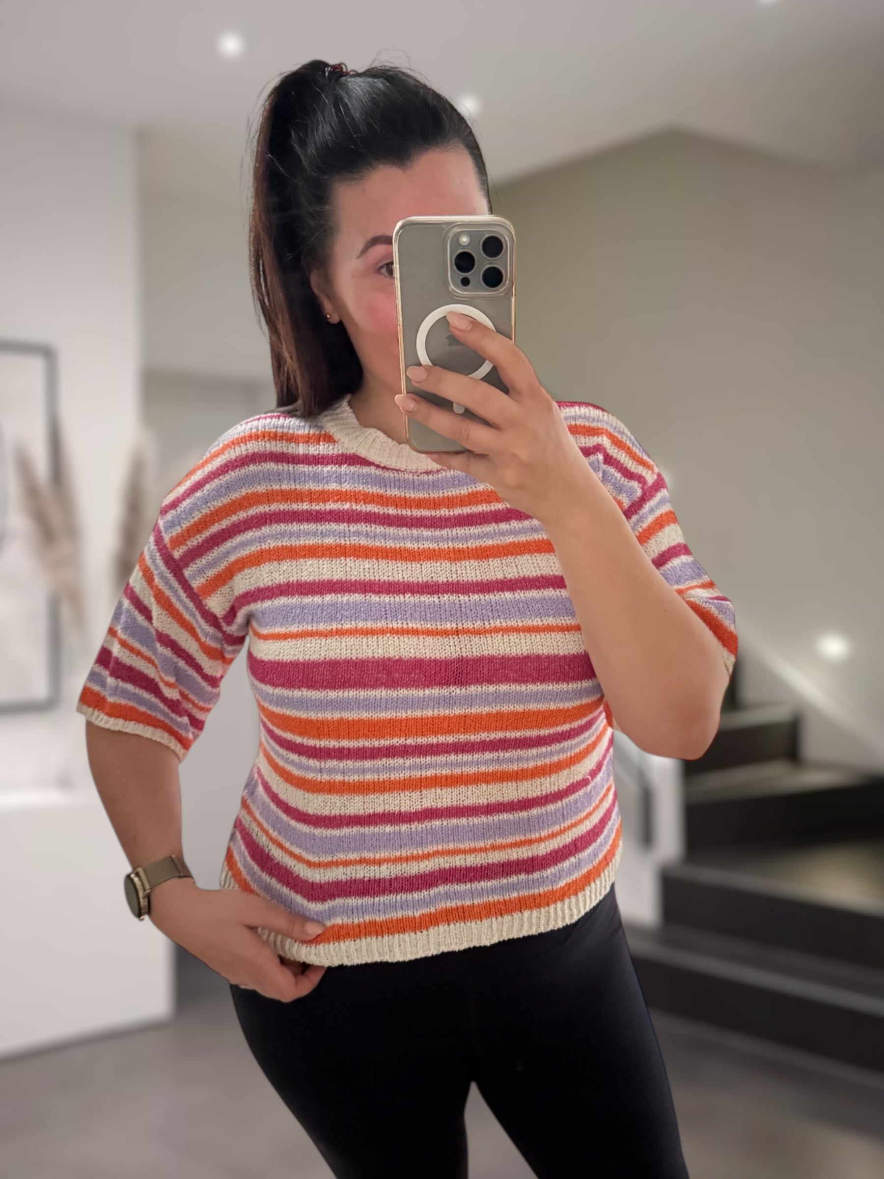 Häkel-Pullover Kurzarm Pastell rosa/hellblau