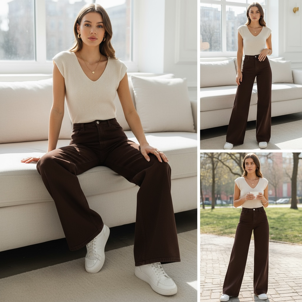 Wide Leg Jeanshose mit geraden Bein in braun