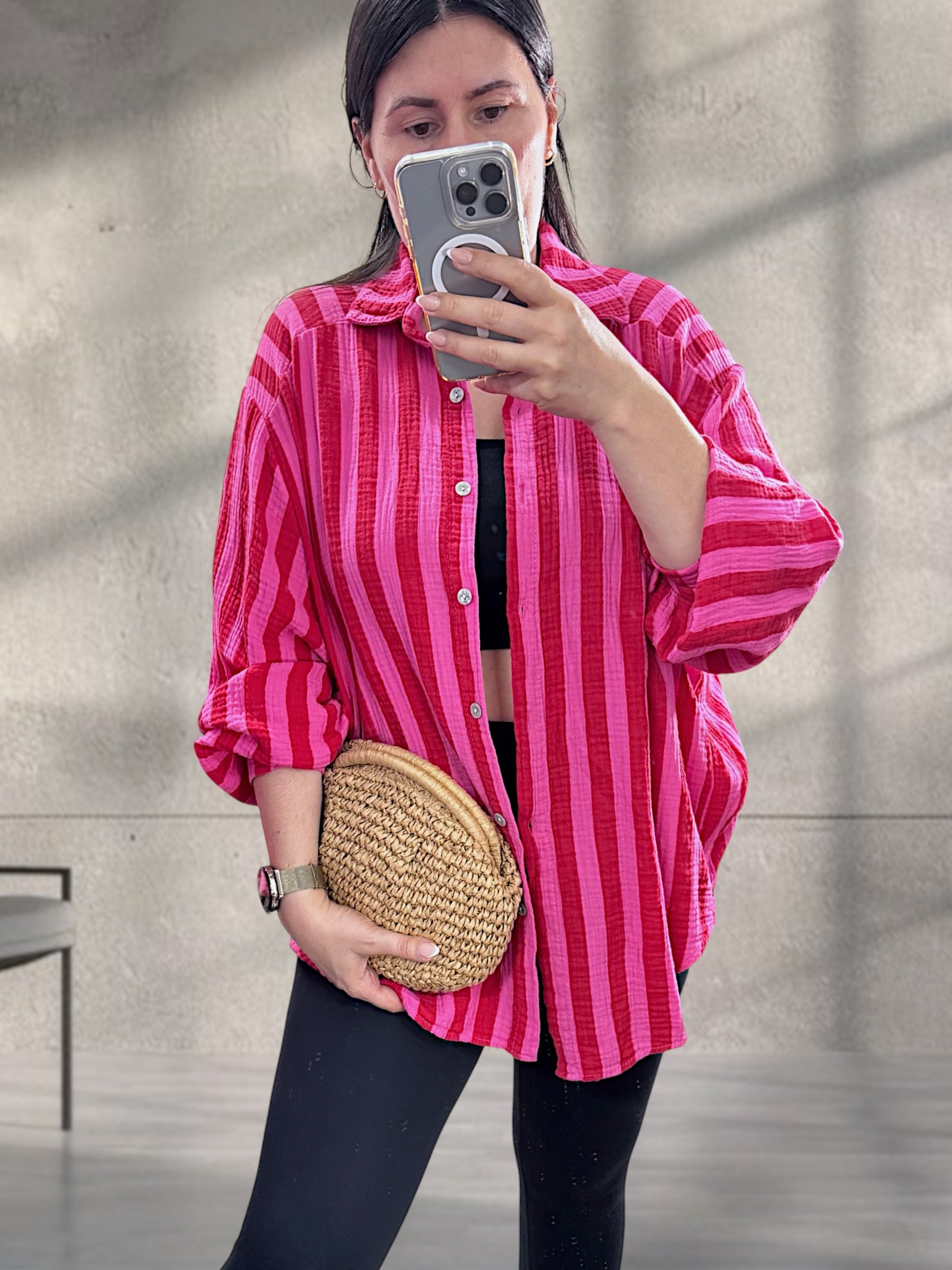 Musselin Hemd gestreift Pink/Rot