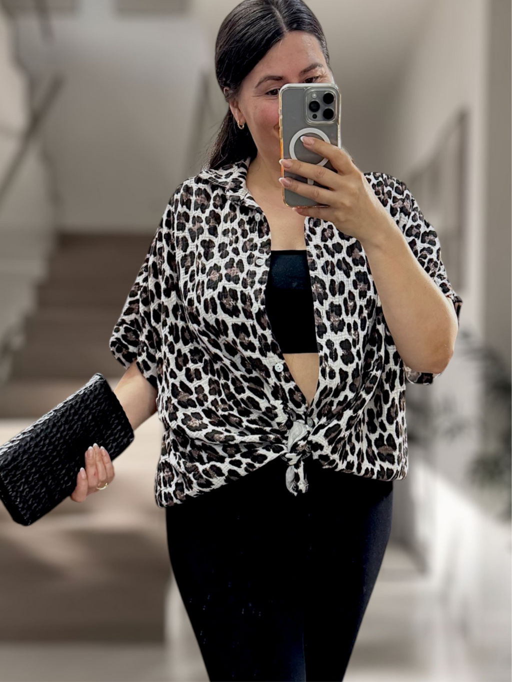 Musselin Leo Kurzarm Bluse schwarz/braun