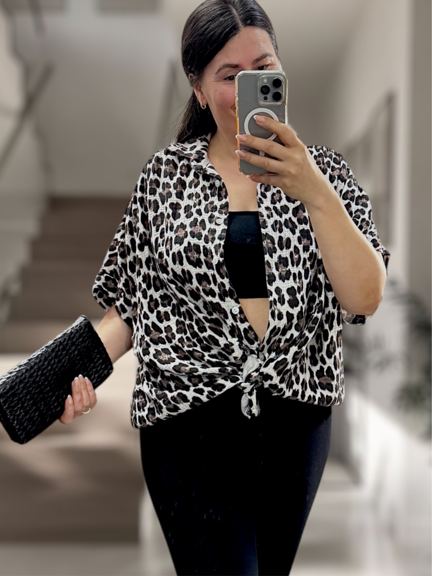 Musselin Leo Kurzarm Bluse schwarz/braun