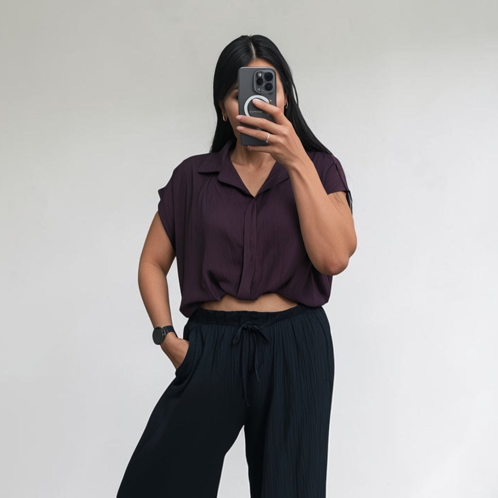 Krepp-Kurzarm-Bluse braun