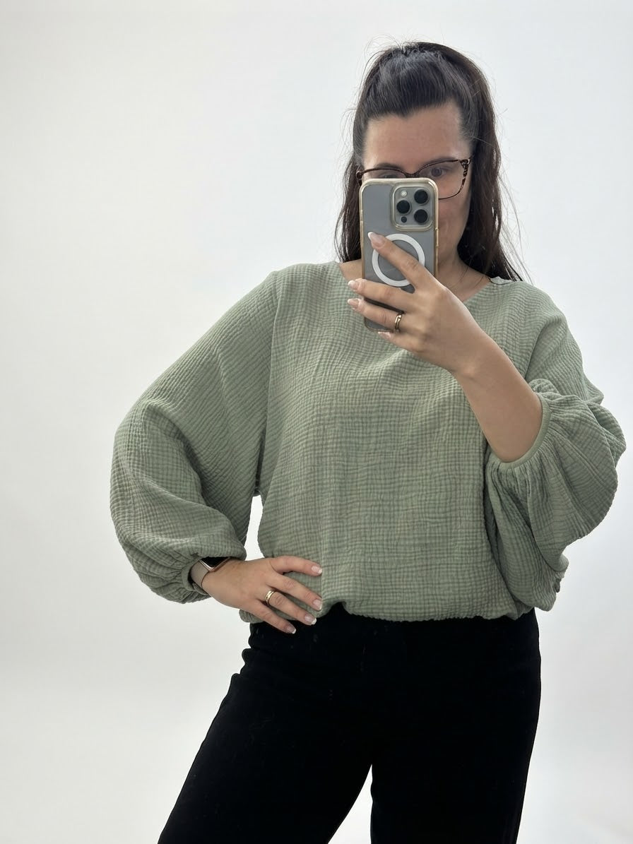 Musselin Cropped Bluse Salbei