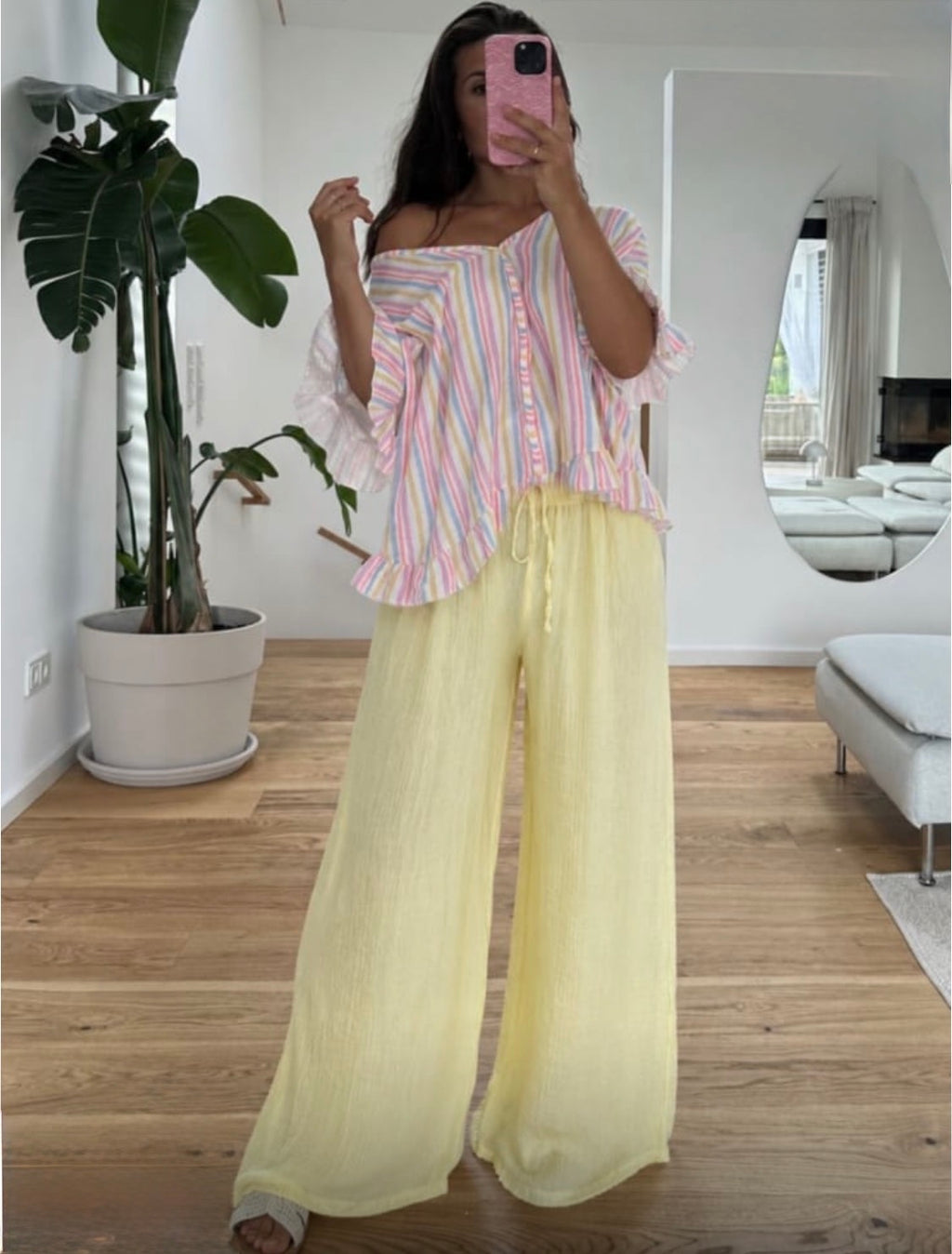 Musselin Rüschen Shirt Pastell gestreift