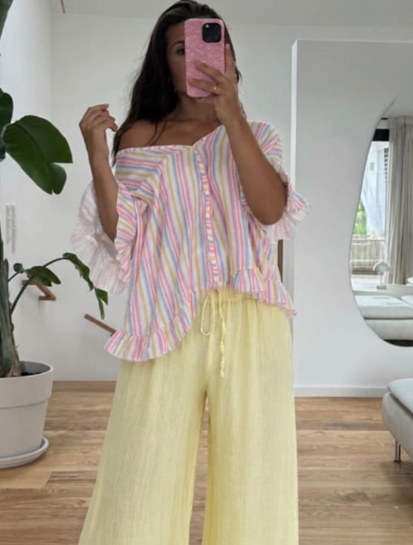 Musselin Rüschen Shirt Pastell gestreift