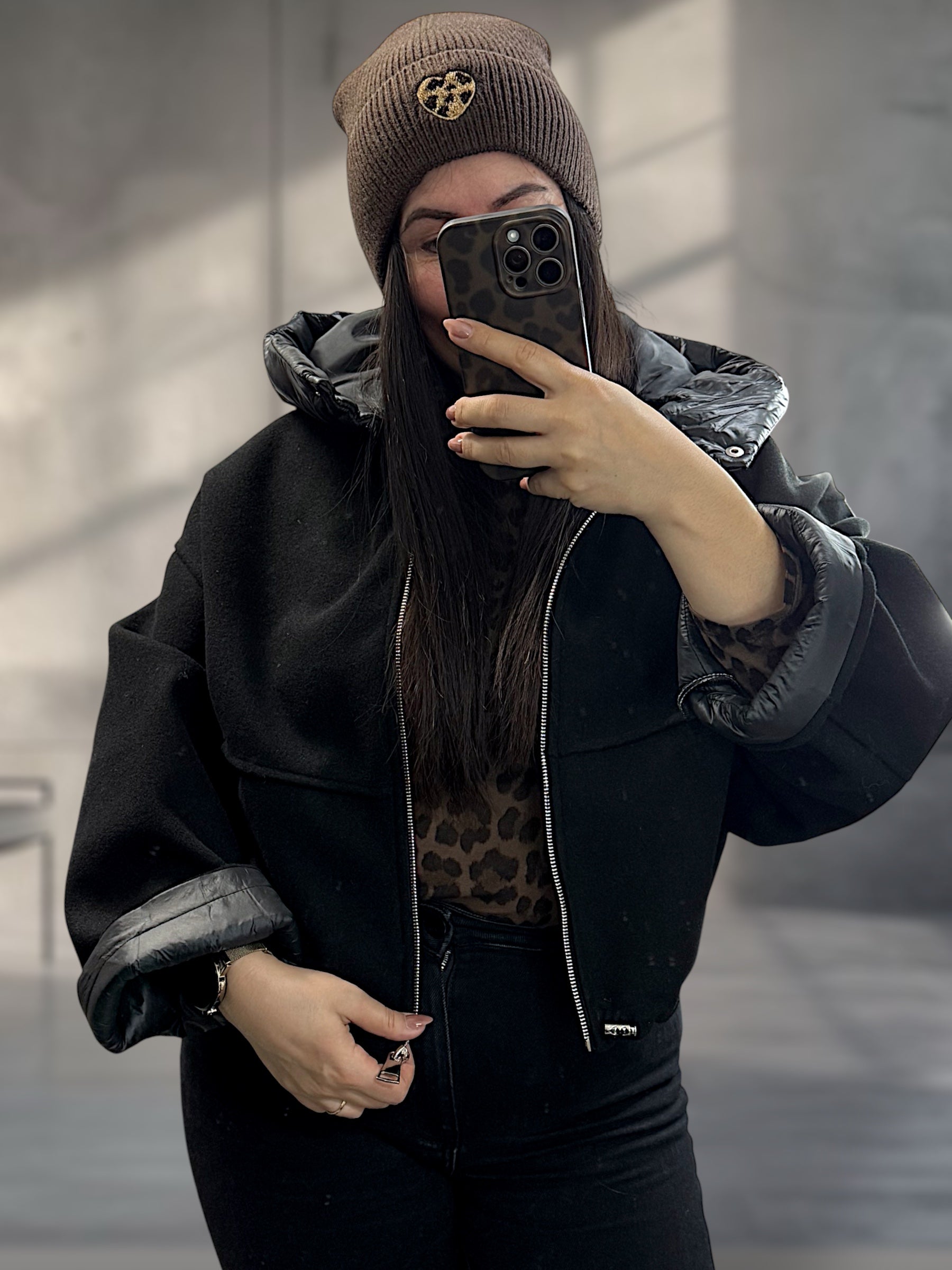 Jacke leicht Oversize mit Kapuze schwarz
