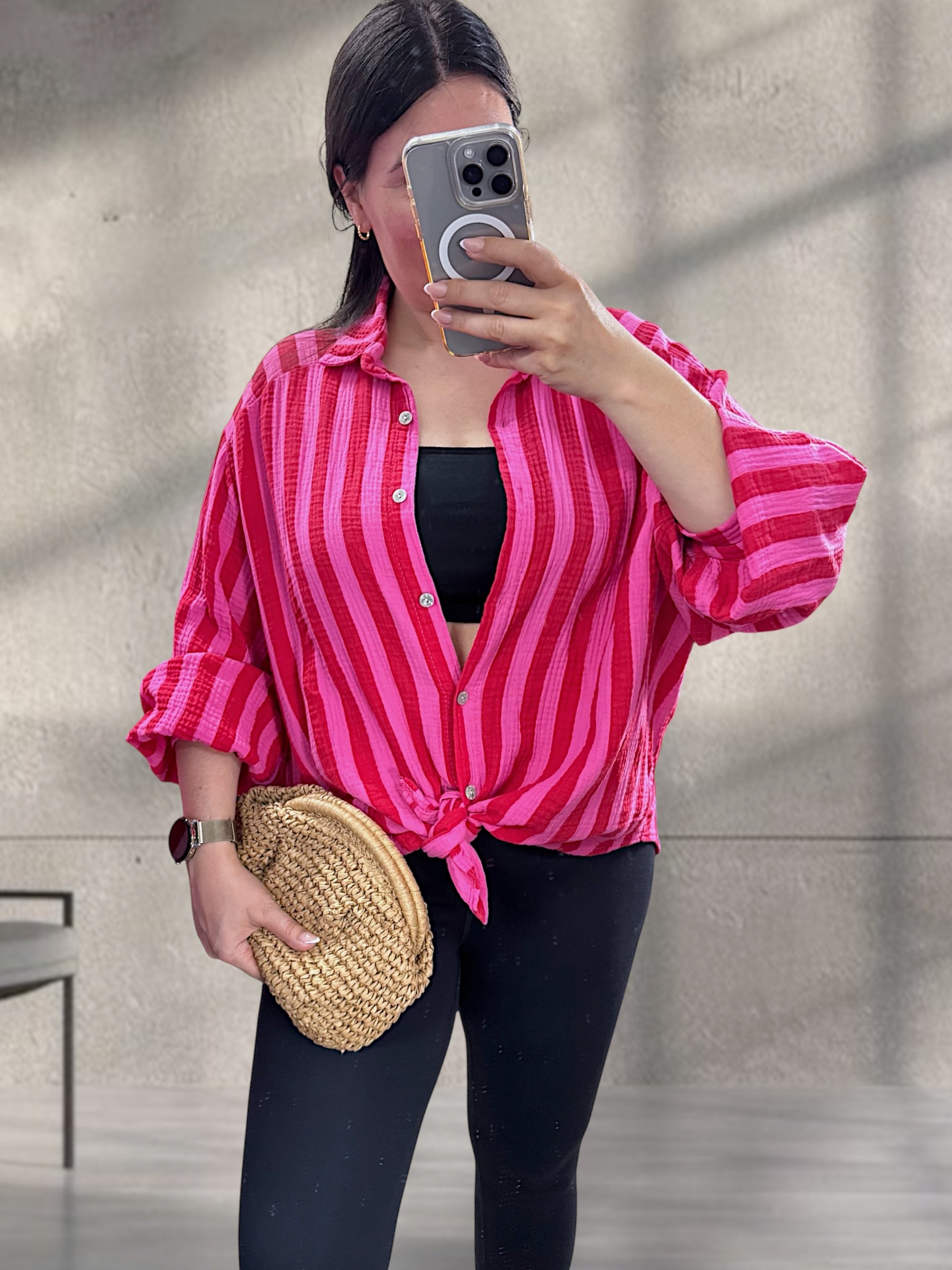 Musselin Hemd gestreift Pink/Rot