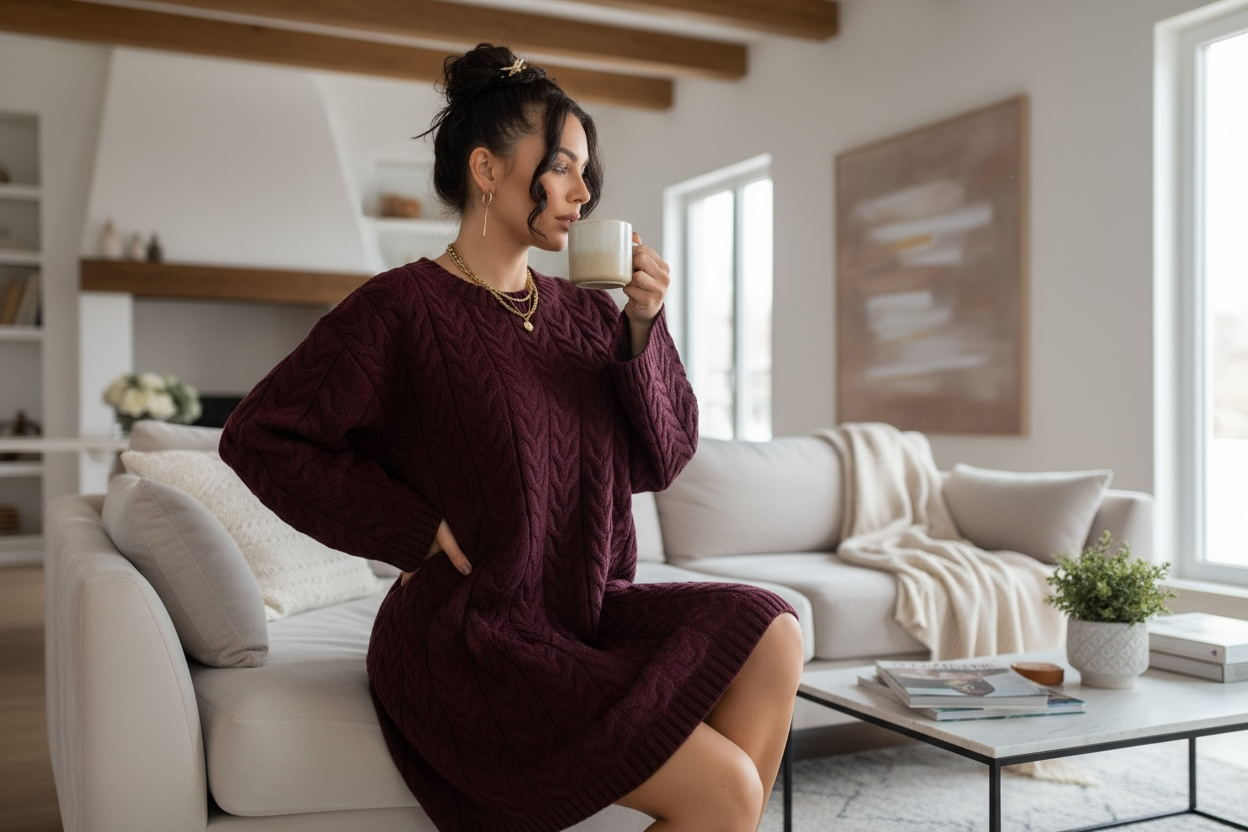 Zopfstrick Longpullover in Bordeaux