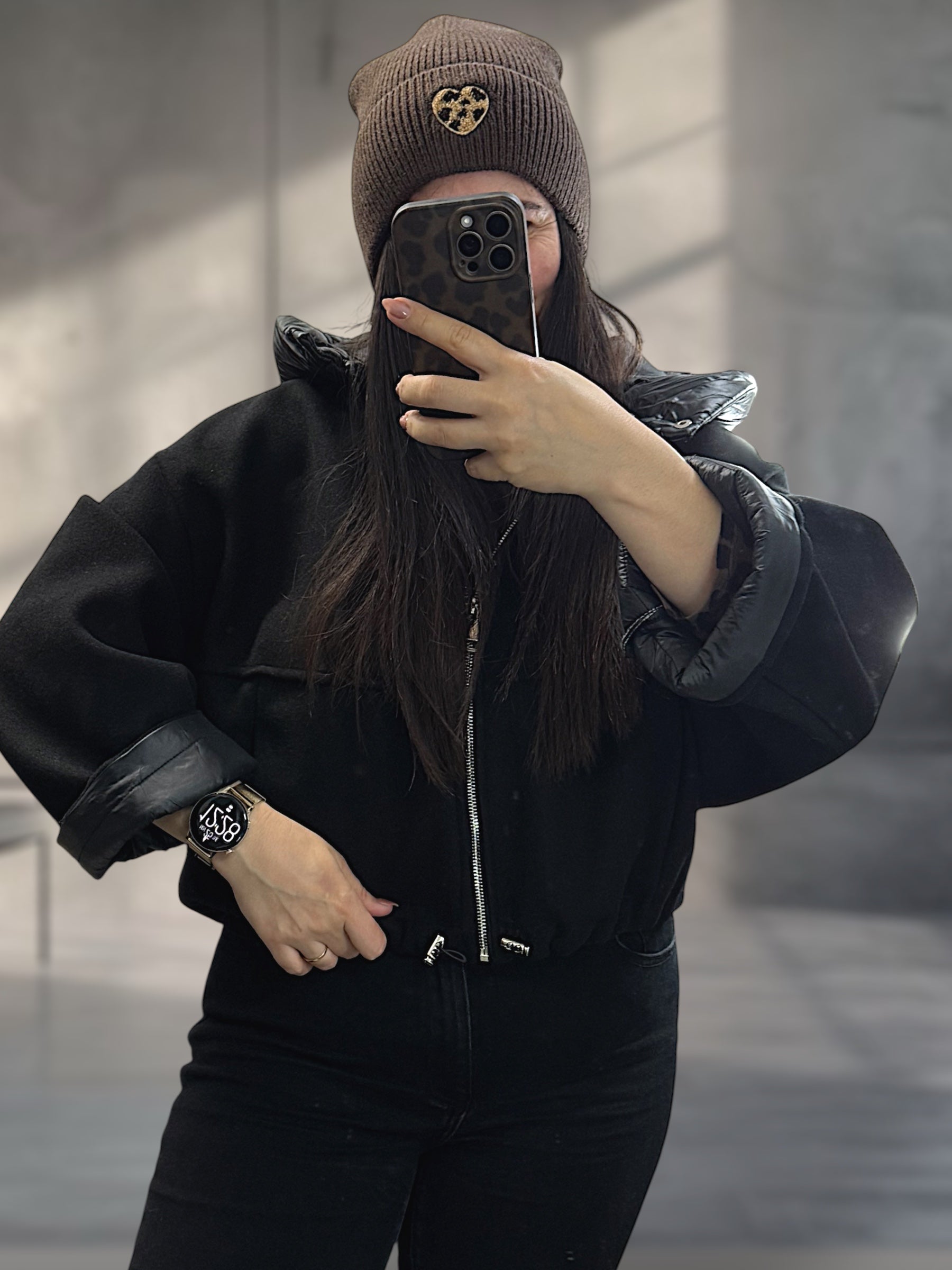 Jacke leicht Oversize mit Kapuze schwarz