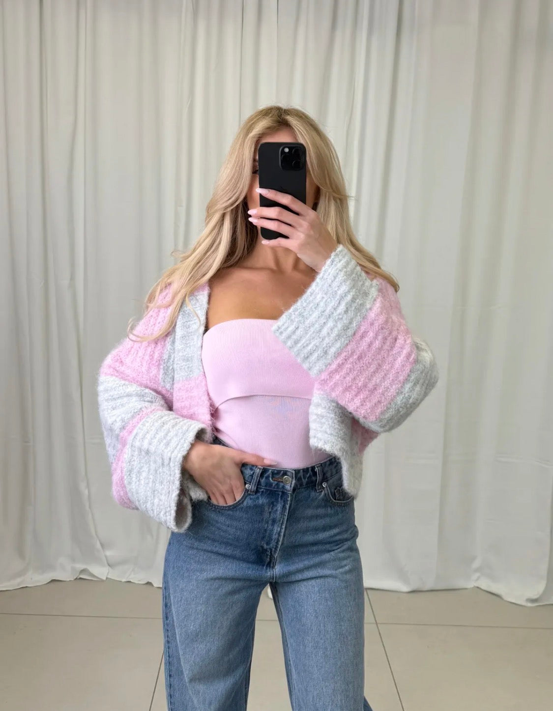 Soft Big Stripes Cardigan rosa/grau