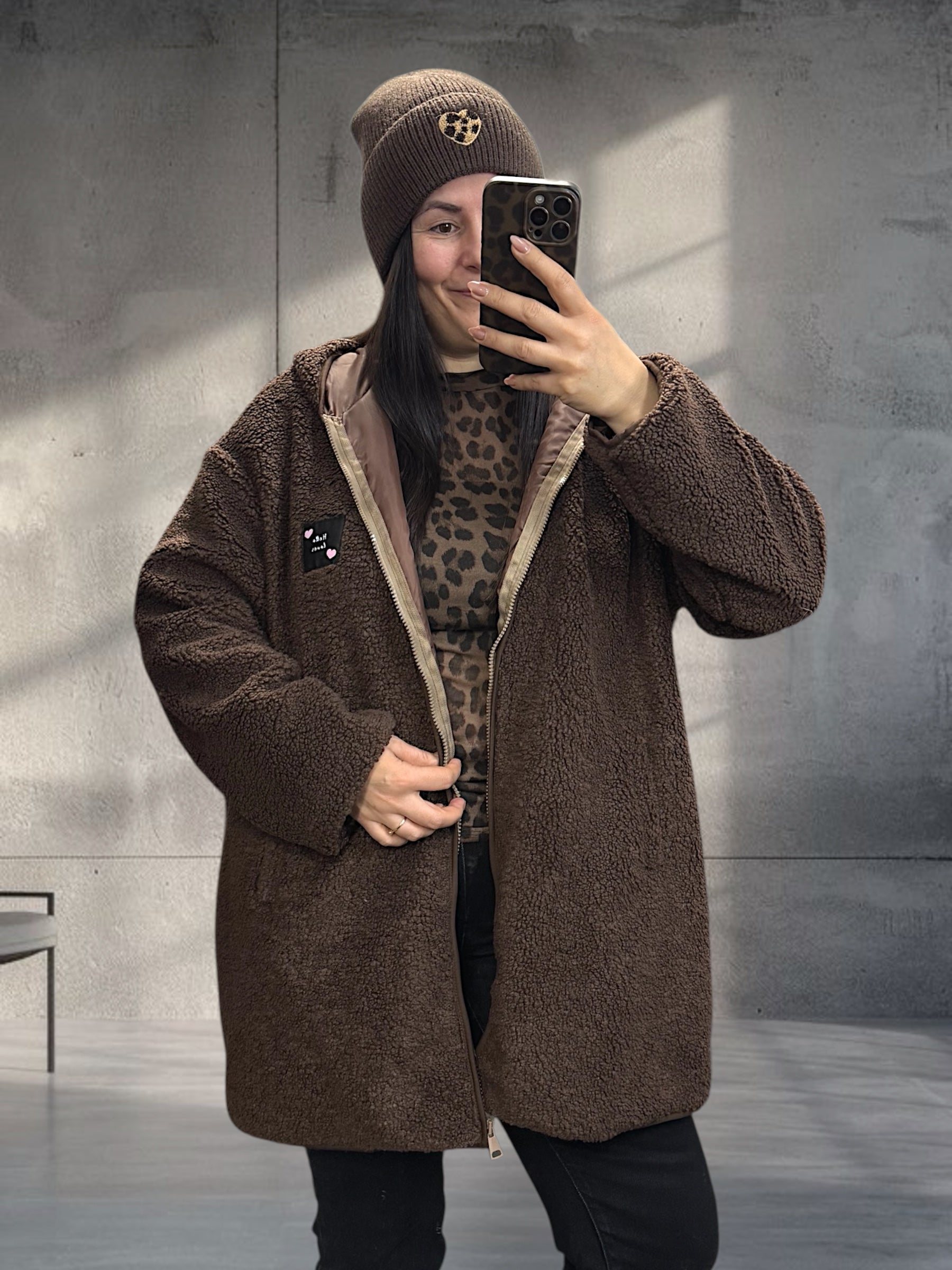 Teddy Mantel mit Kapuze Beige