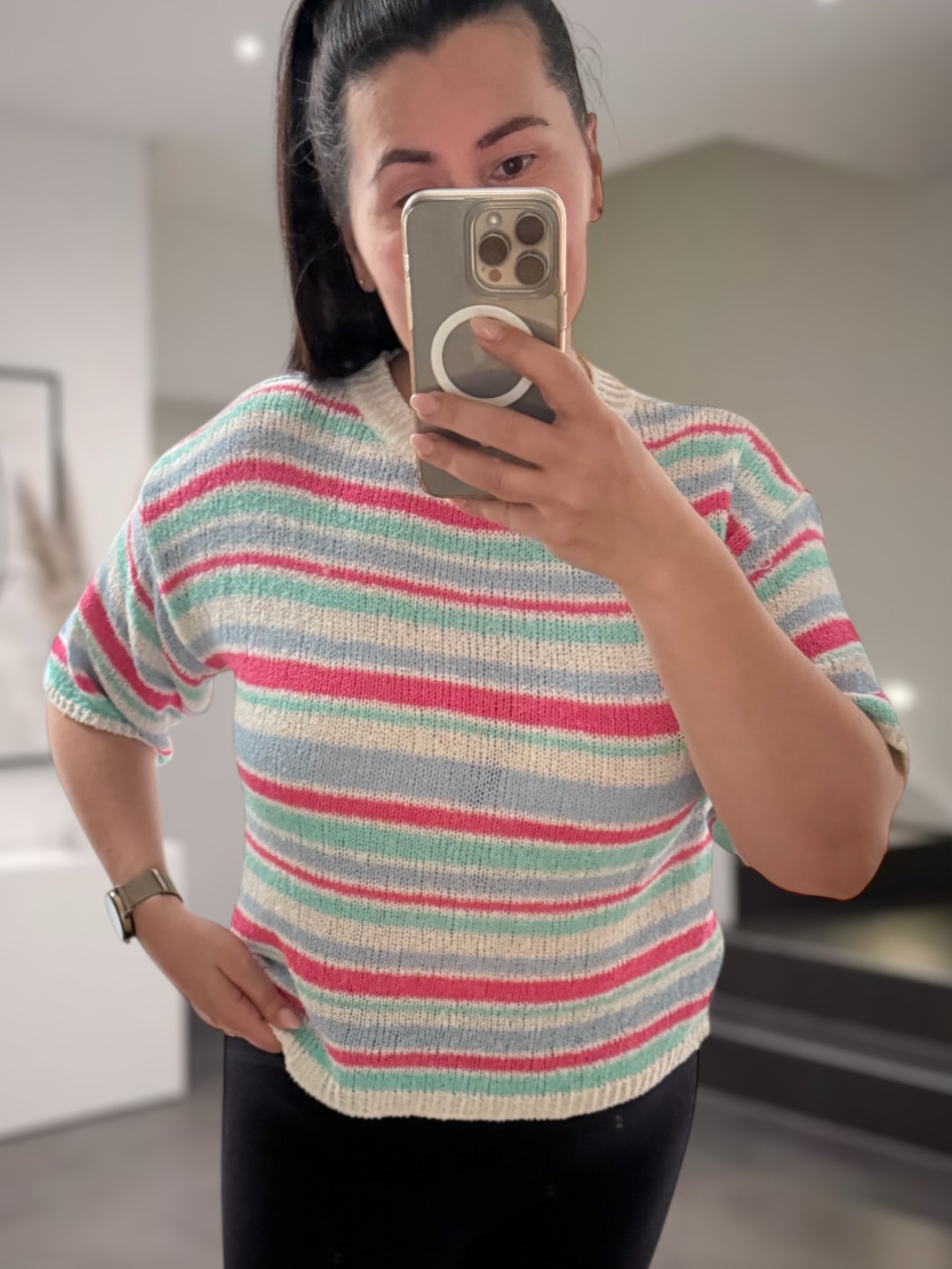Häkel-Pullover Kurzarm Pastell rosa/hellblau