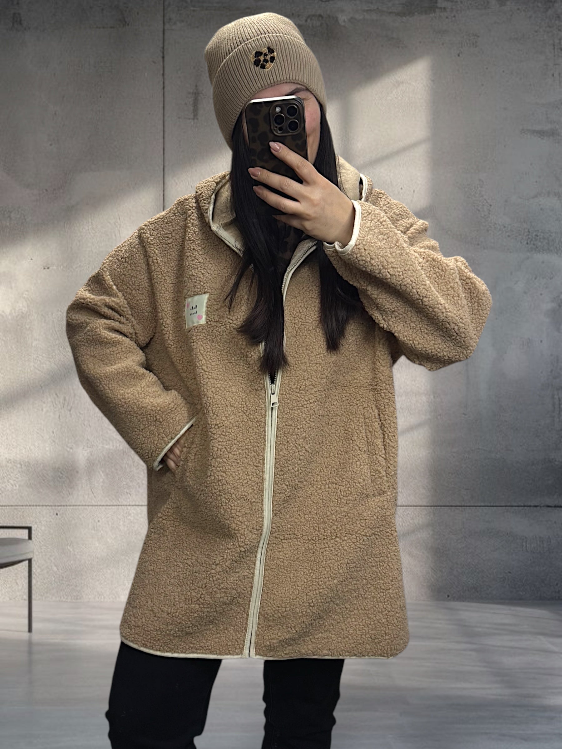 Teddy Mantel mit Kapuze Beige