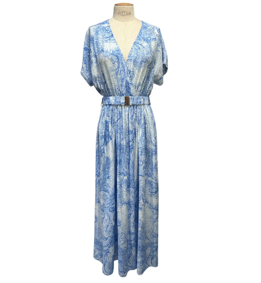 Edles Kleid lang mit Gummizug in der Taille und Gürtel (schnalle gold)