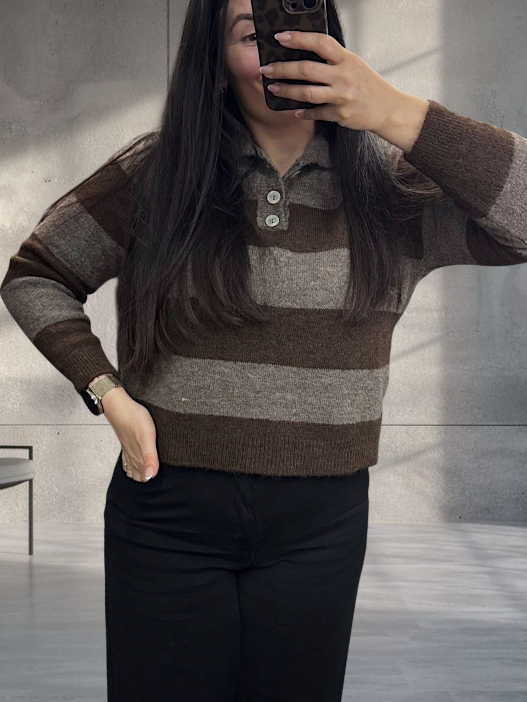 Strick Polo Longsleeve gestreift (verschiedene Farben)