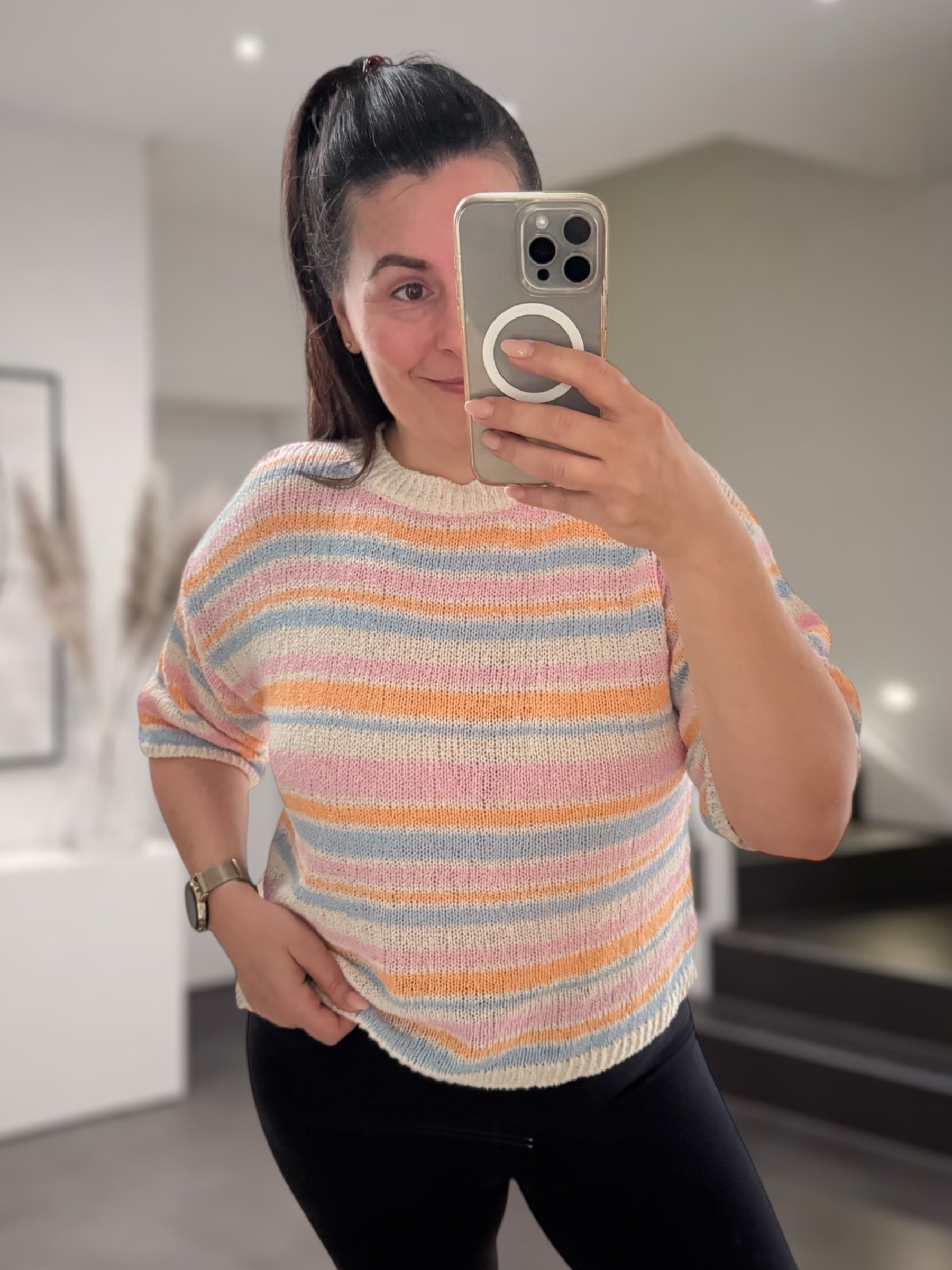 Häkel-Pullover Kurzarm Pastell rosa/hellblau