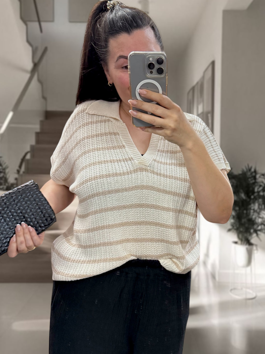 Häkel-Pullover Kurzarm gestreift beige