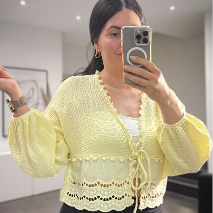 Boho-Bluse Musselin mit Spitze in gelb
