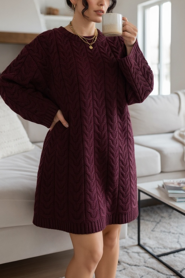 Zopfstrick Longpullover in Bordeaux