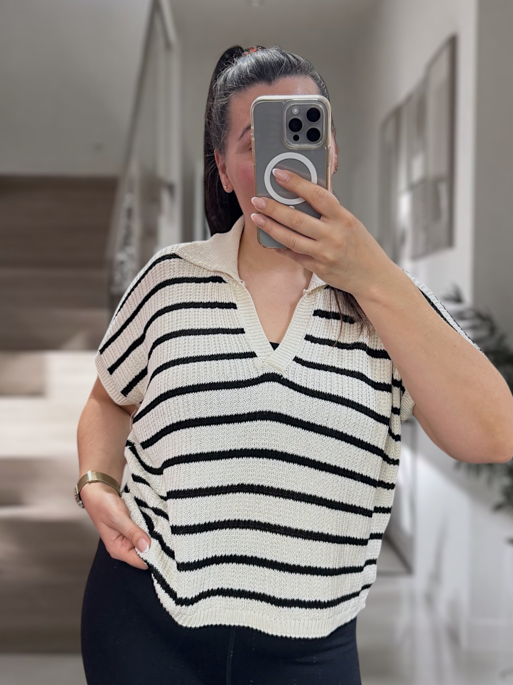 Häkel-Pullover Kurzarm gestreift beige