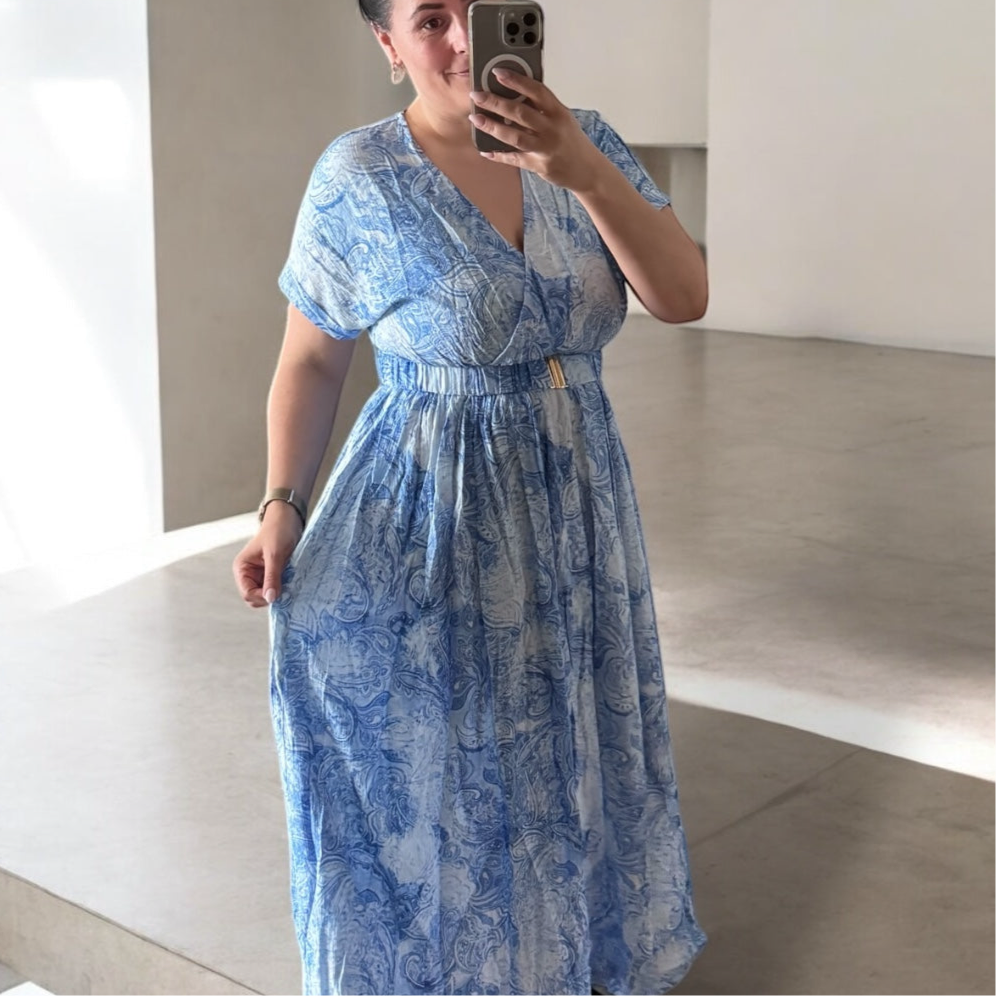 Edles Kleid lang mit Gummizug in der Taille und Gürtel (schnalle gold)