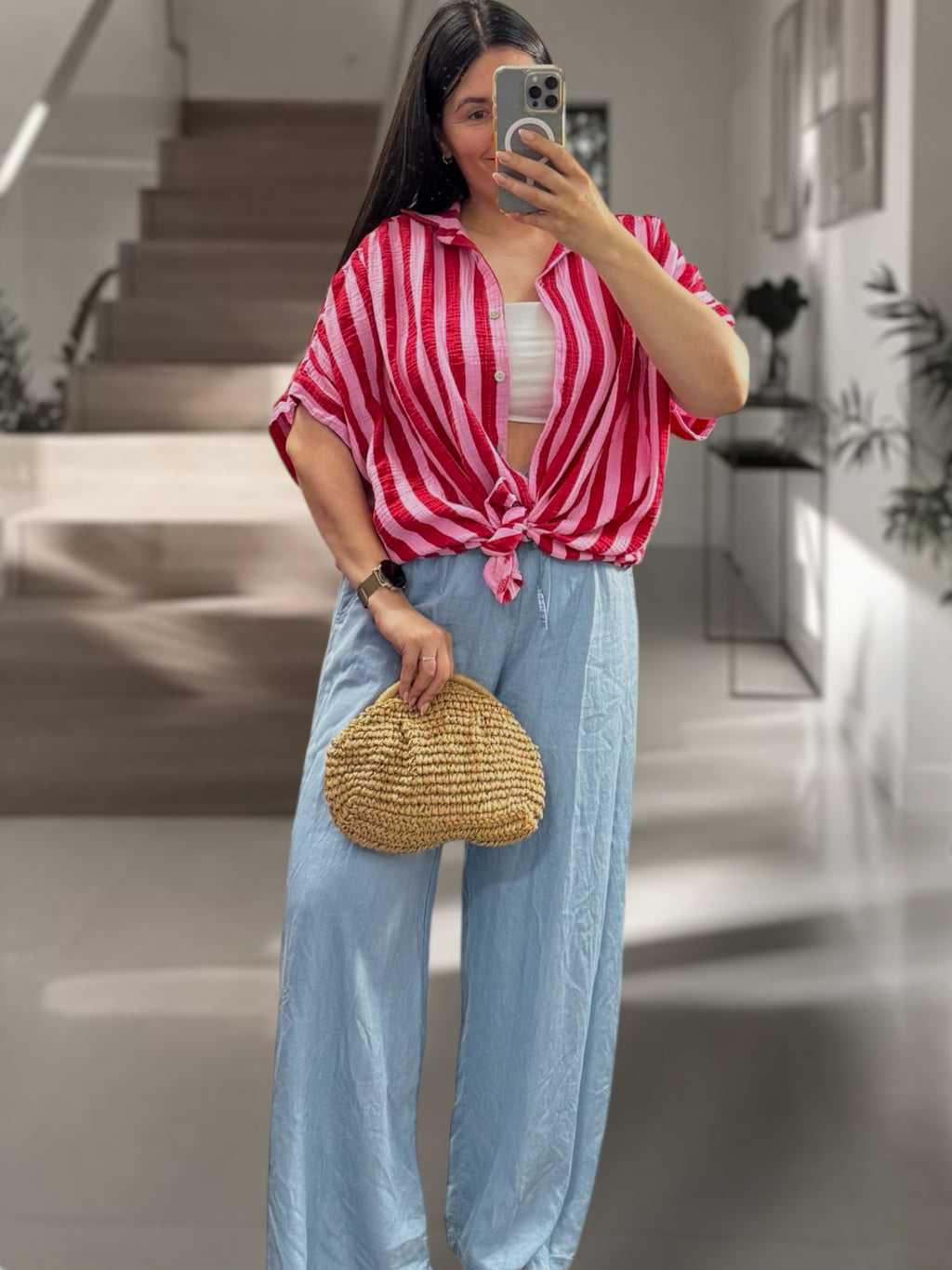 Musselin Hemd kurzarm gestreift rot/pink