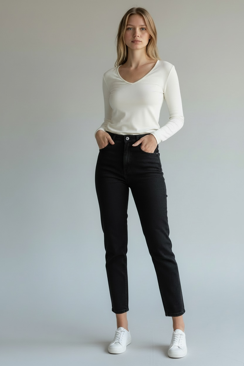 Stretchy MOM FIT Jeans schwarz Stone Washed